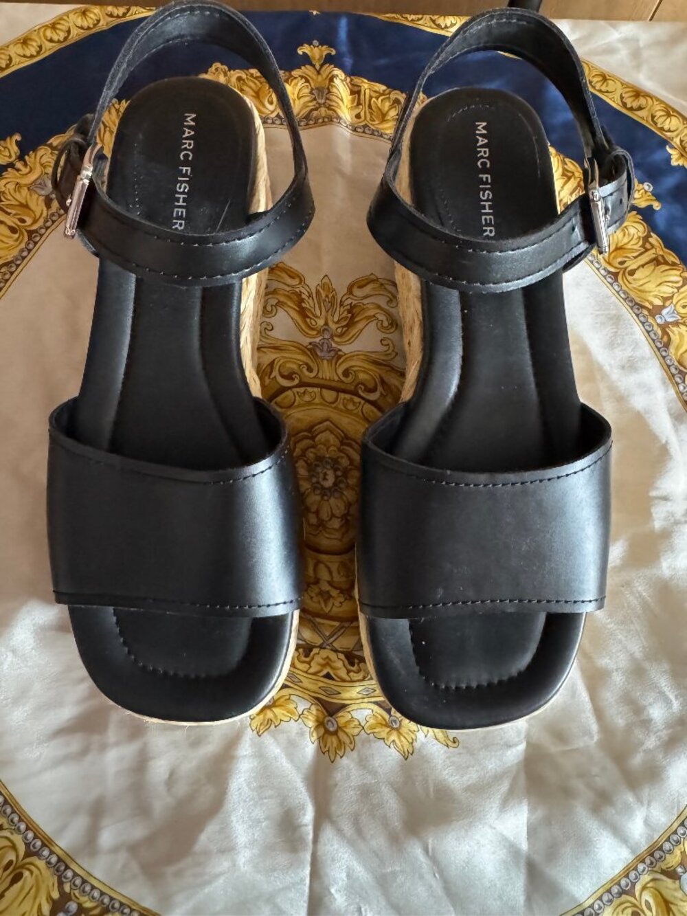 Marc Fisher LTD Black Leather Wedge Sandals Ankle Strap